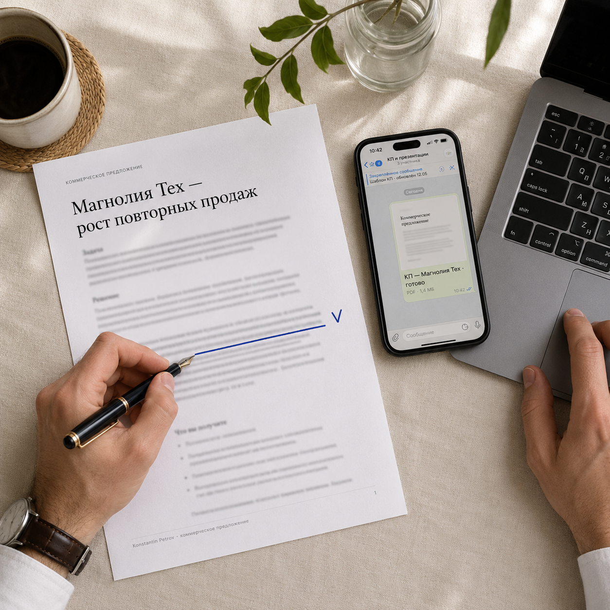 Распечатанный short-list кандидатов, на котором руководитель HR ставит пометки; рядом телефон с Telegram-сообщением «Short-list готов»